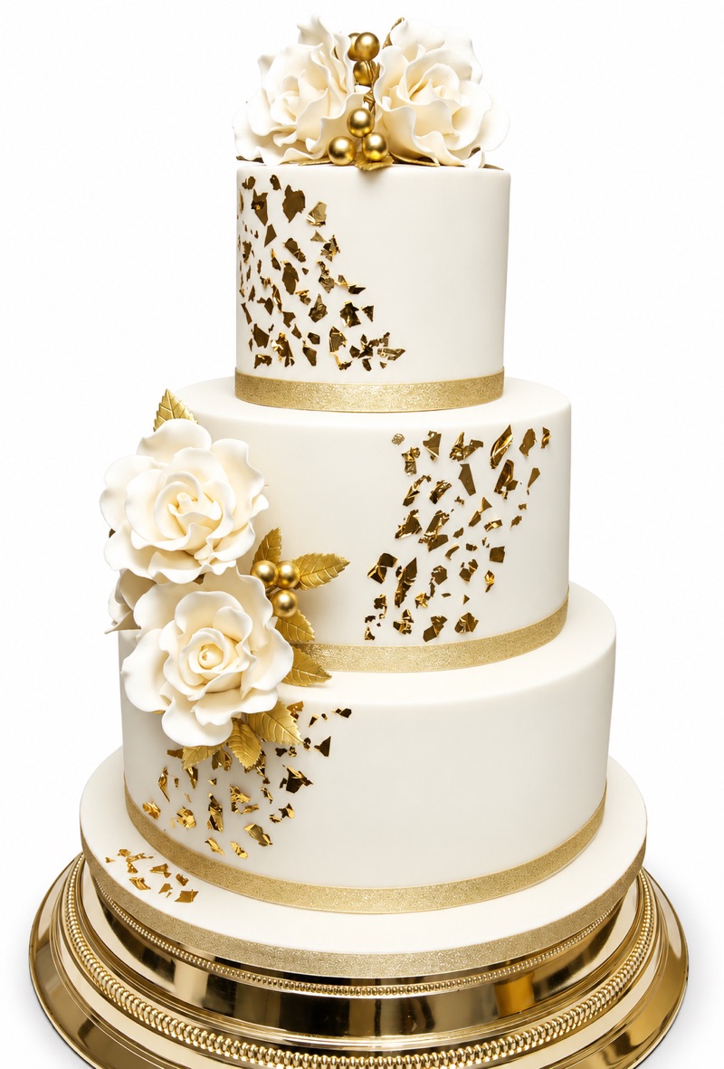 Three-tier white cake with gold leaf details and white flowers
