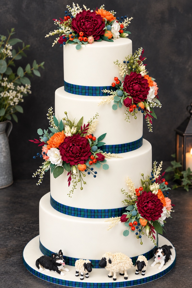 Four-tier ivory cake with blue checked ribbons, burgundy and orange flowers, and animal figures