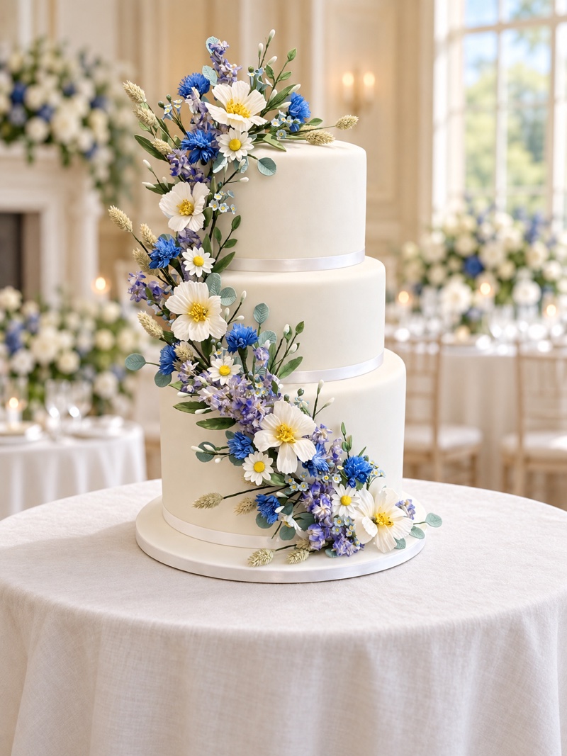 Three-tier ivory cake with blue, white and lilac flowers cascading down the front