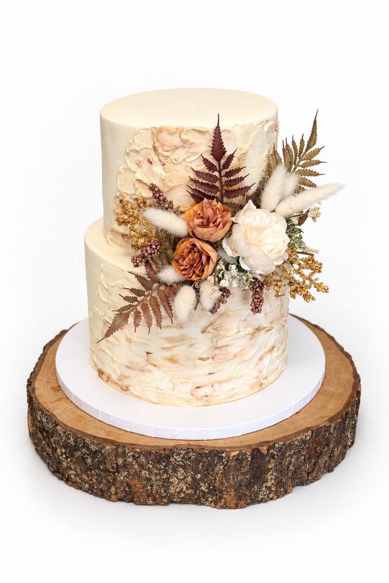 Two-tier ivory cake with textured icing, brown fern shapes, and cream and rust-coloured flowers