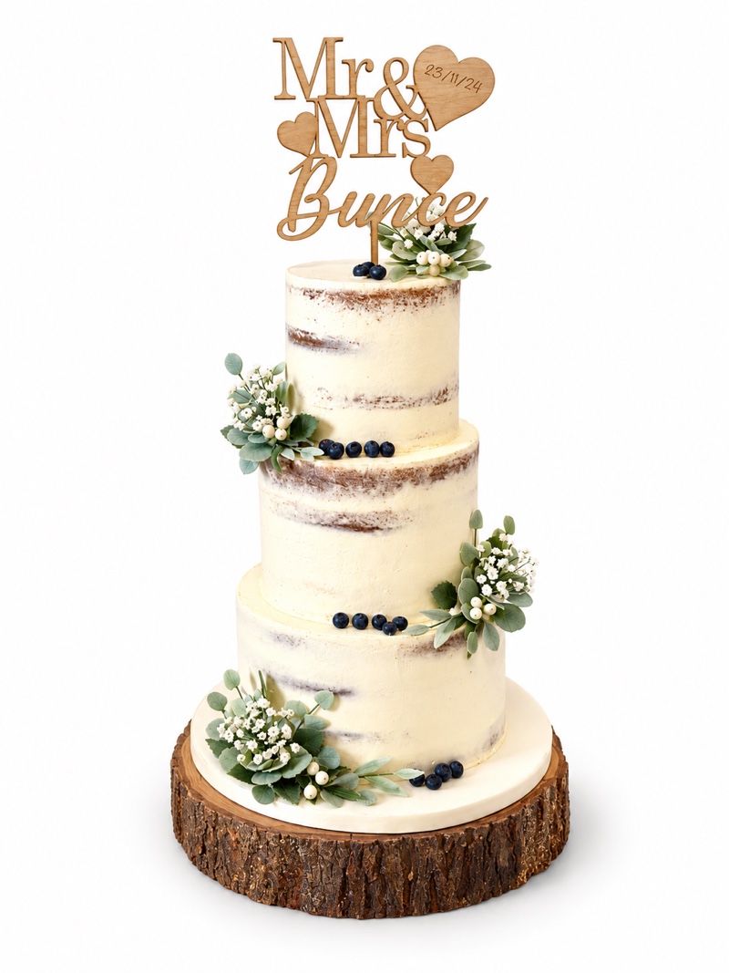 Three-tier semi-naked cake with green foliage, berries and a personalised wooden topper