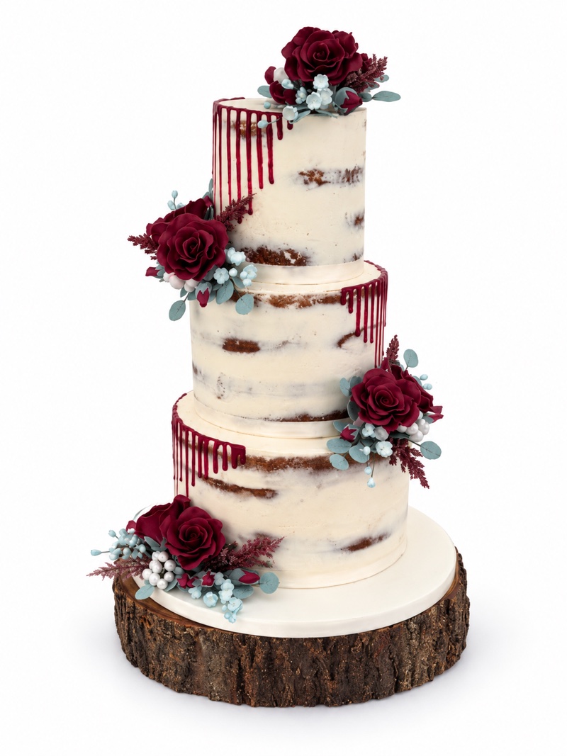 Three-tier semi-naked cake with burgundy drips, red roses and pale blue floral details